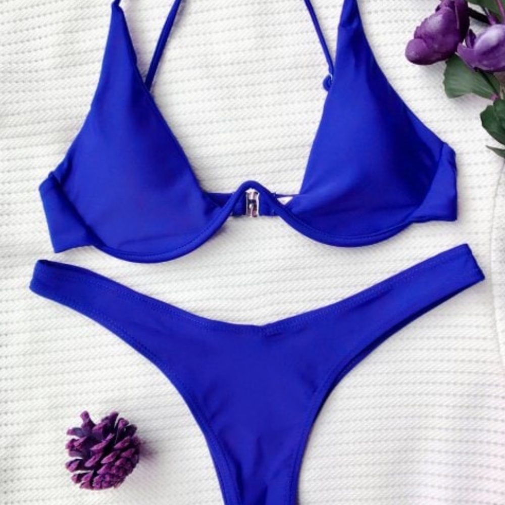 Zaful Cheeky Push Up Plunge Bikini Blue